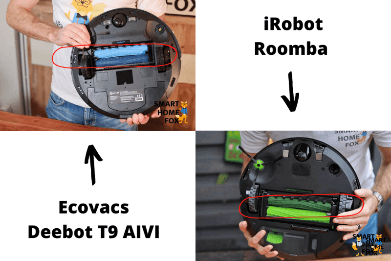 Die zwei Bürsten des Ecovacs Deebot T9 AIVI und des iRobot Roomba sind zu sehen.